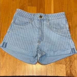 Light Blue Jean Shorts with Pinstripes and Cuffed Hem